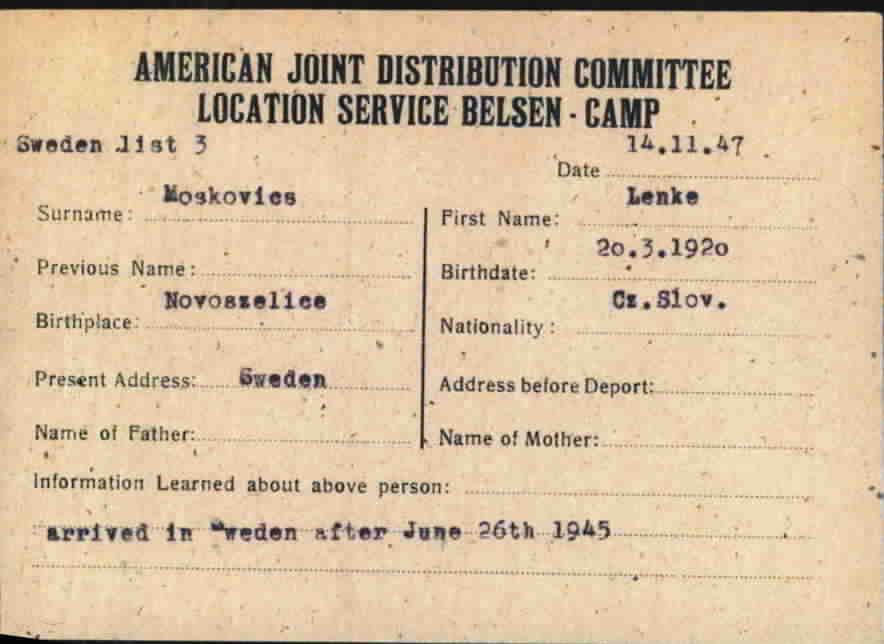 Index card from the American Joint Distribution Committee’s Location Service at the Belsen camp Index card from the American Joint Distribution Committee’s Location Service at the Belsen camp